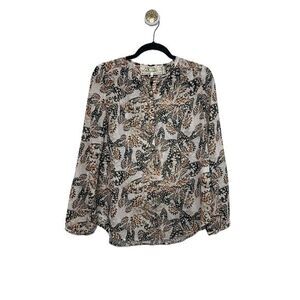 Pink Martini Blouse Womens Size Medium Tan Floral Long Sleeve Sheer